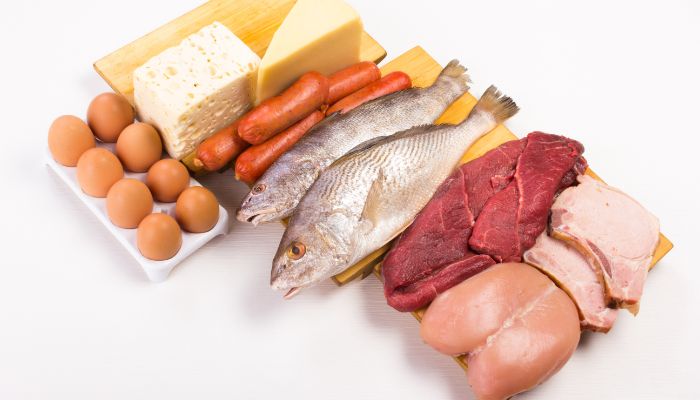 Imagem de alimentos ricos em proteínas como carne, peixe e frango.