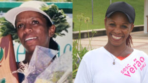 Montagem com duas imagens de Maria Zeferina Baldaia, uma em um pódio após premiação (esq.) e outra mais atual (dir).