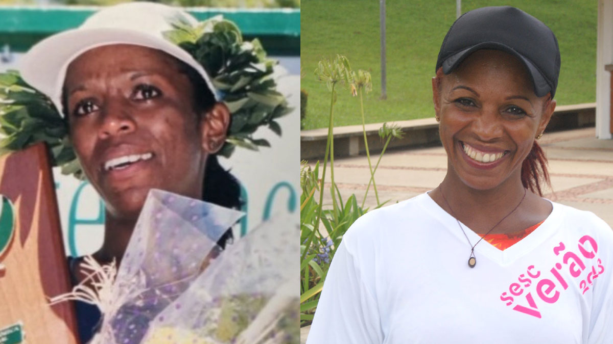 Montagem com duas imagens de Maria Zeferina Baldaia, uma em um pódio após premiação (esq.) e outra mais atual (dir).